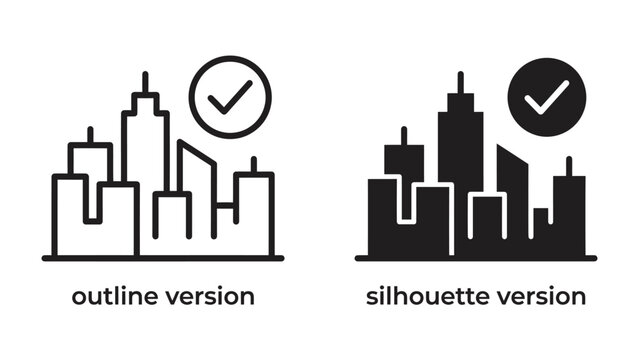 City Skyline Approval: A pair of icons representing a city skyline, one outlined and one silhouetted, both featuring a checkmark within a circle, indicating approval or verification.