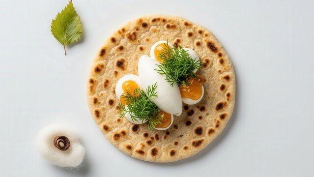 Elegant Flatbread with Skyr Mousse and Birch Syrup Gel on Glacier White Copy Space