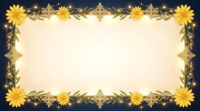 Decorative Frame with Yellow Daisies and Ethiopian Crosses for Greeting