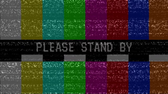 4k video Glitch during TV broadcasting with colorful stripes and Please stand by text. Error in connection while show on air, 4k video