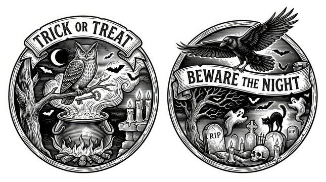 Vintage halloween emblems owl and raven with spooky night elements