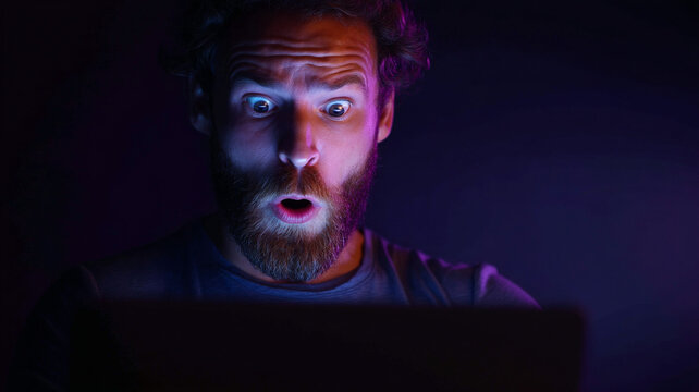 shocked business person looking at laptop screen, dark background