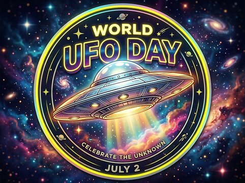 Colorful world ufo day celebration poster with flying saucer and cosmic galaxy background perfect for scifi events