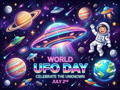 Colorful world ufo day celebration poster with astronaut planets and flying saucers in space scene