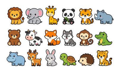 Obraz premium Cute cartoon animals set for kids design projects. Adorable vector wildlife collection for children's educational materials.