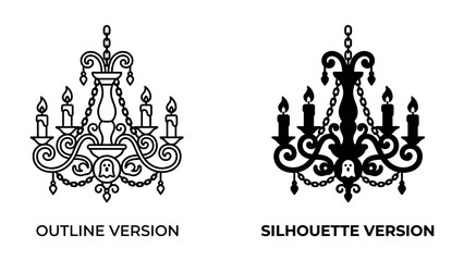 Chandelier Line Art and Silhouette: Two elegant chandelier designs presented side-by-side, one as a detailed outline and the other as a striking silhouette, perfect for decorative use. © BD