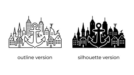 Anchor Silhouette Cityscape: An artistic representation showcasing a cityscape framed by a large anchor, presented in both outline and silhouette versions, ideal for maritime themes. © mahfuz