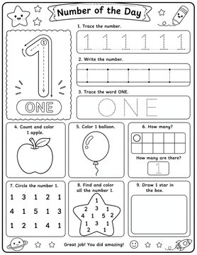 Black and white educational worksheet for kids to learn the number one with tracing, counting, and coloring exercises