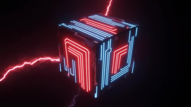 Cinematic 3D animation of a high-tech AI cube illuminated by vibrant neon circuits