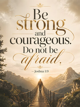 Be Strong and Courageous Joshua 1 9 Christian Bible Verse Typography Mountain Landscape Poster