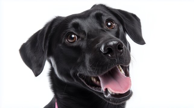 Happy black Labrador retriever dog isolated on white, close-up