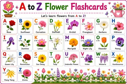 Educational a to z flower flashcards chart for children featuring colorful floral and plants flowers