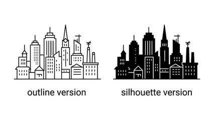 Fototapeta premium Cityscape Icons: A set of stylized city skyline icons, presented in both an outline and a silhouette version, depicting a collection of modern and traditional buildings.