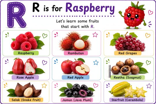 Educational alphabet chart for the letter r featuring raspberry and other fruits like rambutan and red grapes or apples