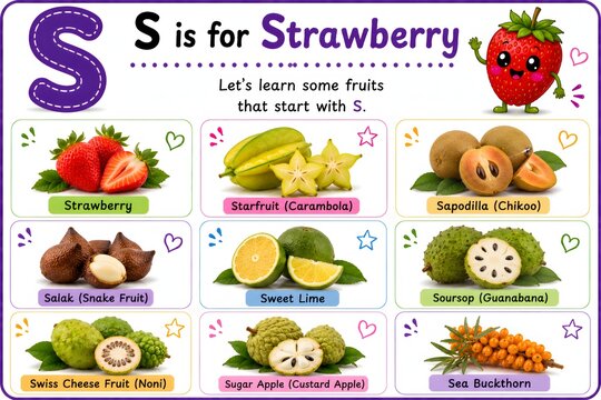 Educational alphabet chart for the letter s featuring strawberry and other fruits like starfruit and sugar apple custard