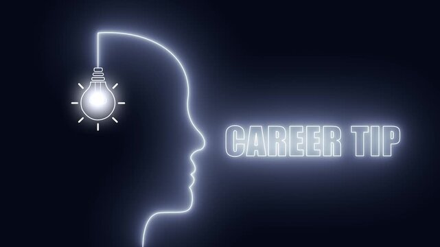 Abstract neon line art of human mind with shining bulb symbolizing innovative career tip and future job growth concept