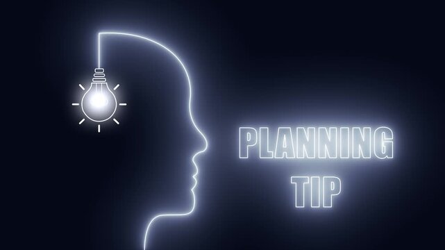 Glowing neon human head profile with bright pink light bulb representing creative planning tip and mental organization idea