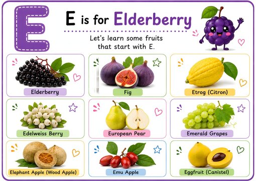 Educational alphabet poster for children showing fruits starting with the letter e like elderberry, fig and eggfruit