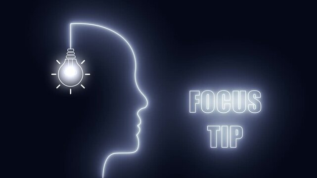 Glowing neon human head profile with bright pink light bulb representing creative focus tip and mental concentration idea