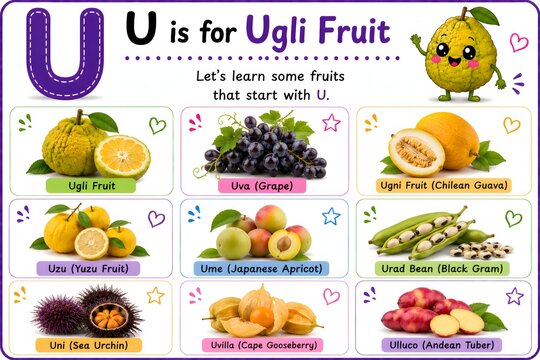 Educational alphabet poster for the letter u featuring ugli fruit and other fruits like uva grape and ume japanese apricot