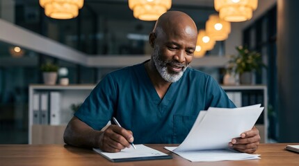 Obraz premium Mature black male doctor wearing blue scrubs sits at a wooden desk while reviewing patient medical records and taking notes