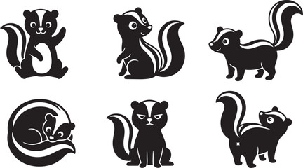 Obraz premium Skunk icons, black skunk silhouettes, vector skunk illustrations, animal icons isolated on Transparent Background