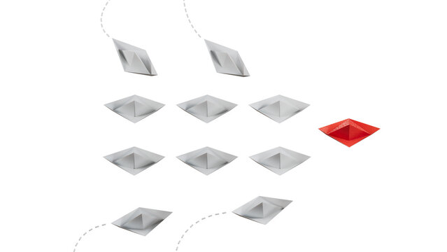 red paper boat leads white paper boats with new ones joining the team. Join us, job vacancy or community memberboat announcement concept.Supports PNG files with transparent backgrounds.