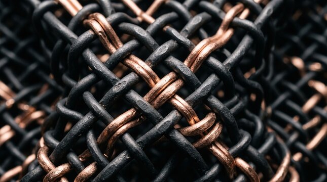 Macro closeup of a metallic wire mesh texture featuring interwoven black and coppercolored strands in a complex pattern