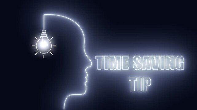 Time saving tip neon head with glowing bulb for efficient daily routines and productivity hacks for busy professionals