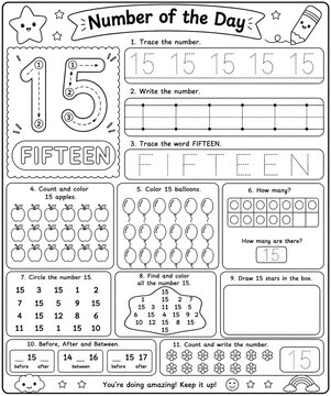 Number of the day worksheet for children focusing on number fifteen with math exercises and counting practice tasks