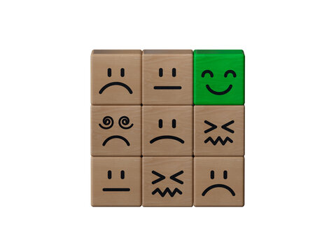 Creative idea and smart people, unique, difference, leadership, solutions and motivation concepts. Happy smile face cube on wooden cube block stack with other dumb faces