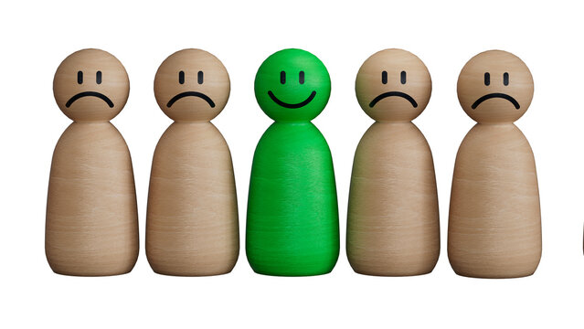 Smiley face on wooden mixture figure separate from sadness face on wooden table , Emotion select and mindset concept.Supports PNG files with transparent backgrounds.