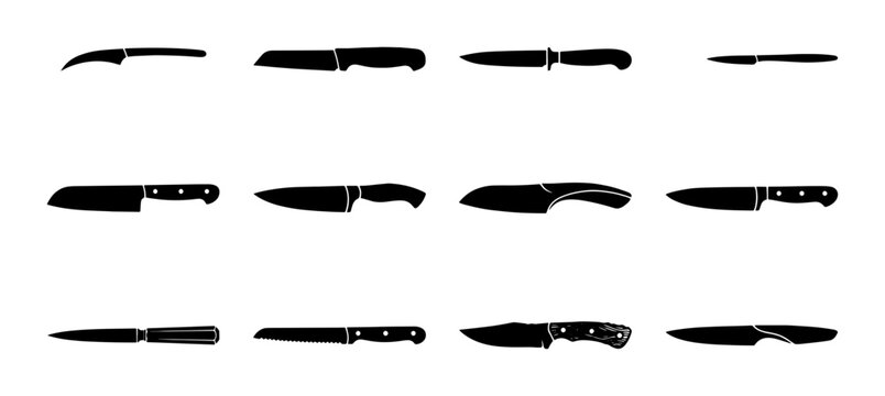 Kitchen Knife Silhouettes Collection, Chef Knives Set, Slicing Blades, Culinary Tools Vector Icons for Food Preparation and Cooking Graphics