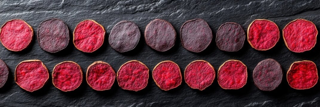 Rows of red and purple dehydrated beet slices stacked on a textured black slate preparation surface