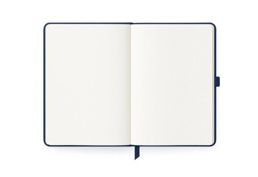Open navy blue hardcover notebook with blank pages top down view
