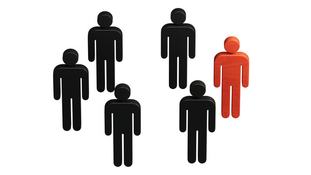 Red human figure surrounded by a circle of people. Leader Boss and leadership. Cooperation and teamwork. Outcast, hated opponent, criminal. Conviction. Discrimination and violence.