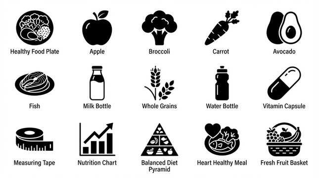 This collection showcases 15 minimalist vector icons representing healthy nutrition and diet, featuring items like fresh produce, whole grains, vitamins, and a diet pyramid, created for stock platform