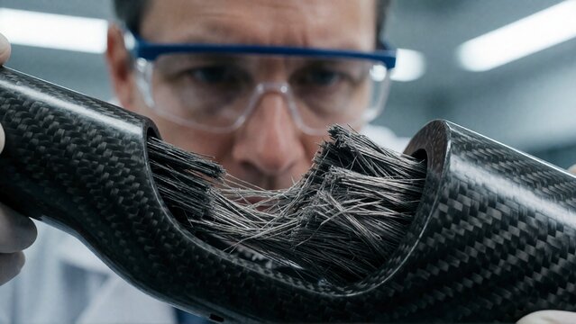 Engineer inspecting carbon fiber material. Expert testing composite structure for durability.
