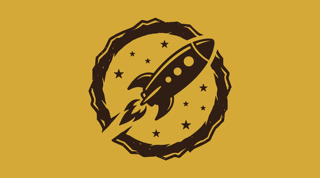 Vintage rocket ship circular badge illustration.