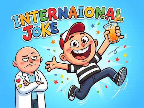 Happy cartoon boy celebrating with a drink while a doctor looks concerned in colorful background