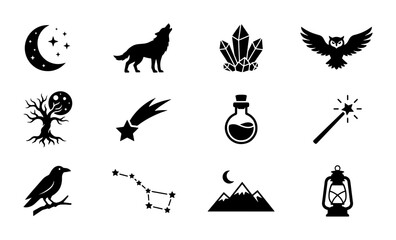 Fototapeta premium Mystical Symbols Vector Icons: Moon, Wolf, Crystals, Owl, Tree, Comet, Potion, Wand, Raven, Constellation, Mountains, Lantern Set