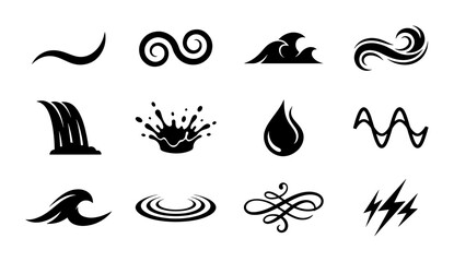 Obraz premium Water Icons Set: Dynamic Waves, Splashes, Drops, and Swirls for Fluidity and Motion Graphics