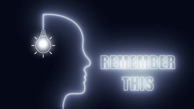 Remember this neon head with glowing bulb for memory retention tips and revision guides for academic test prep