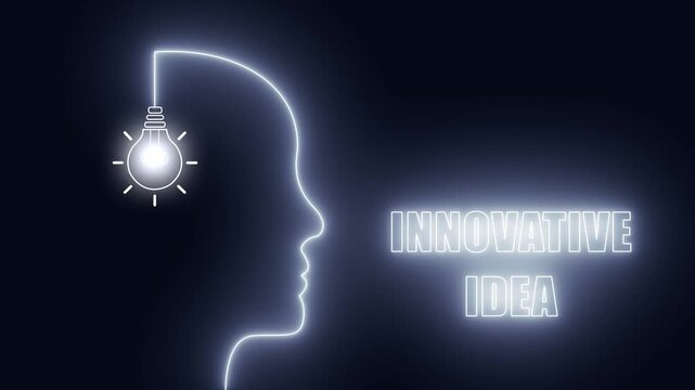Innovative idea neon head with glowing bulb for tech based research and futuristic solution for startup brands