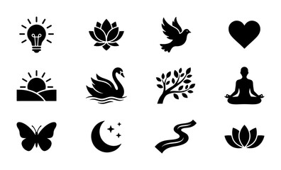 Fototapeta premium Serene Nature and Wellness Icons Set: Lightbulb, Lotus, Dove, Heart, Sunrise, Swan, Tree, Yoga, Butterfly, Moon, River, Lotus