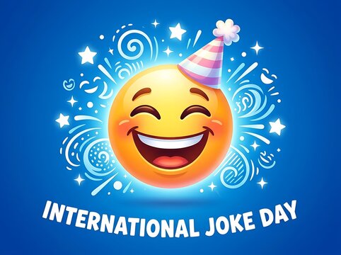 Happy international joke day celebration with laughing emoji and colorful confetti design vector illustration