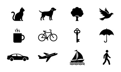 Obraz premium Simple Silhouette Icons: Cat, Dog, Tree, Bird, Coffee Cup, Bicycle, Key, Umbrella, Car, Airplane, Sailboat, Person - Essential Vector Graphics for Design