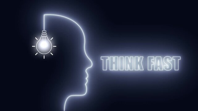 Think fast neon head with glowing bulb for quick reaction tests and agile thinking segments in educational webinars