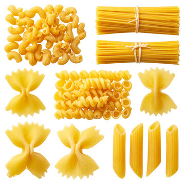 Assorted Italian Pasta Collection with Spaghetti, Tagliatelle, Macaroni and Dry Noodle Varieties Isolated on White Background