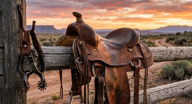 Western leather saddle and spurs on wooden fence at desert sunset, classic cowboy gear in scenic outdoor ranch landscape.